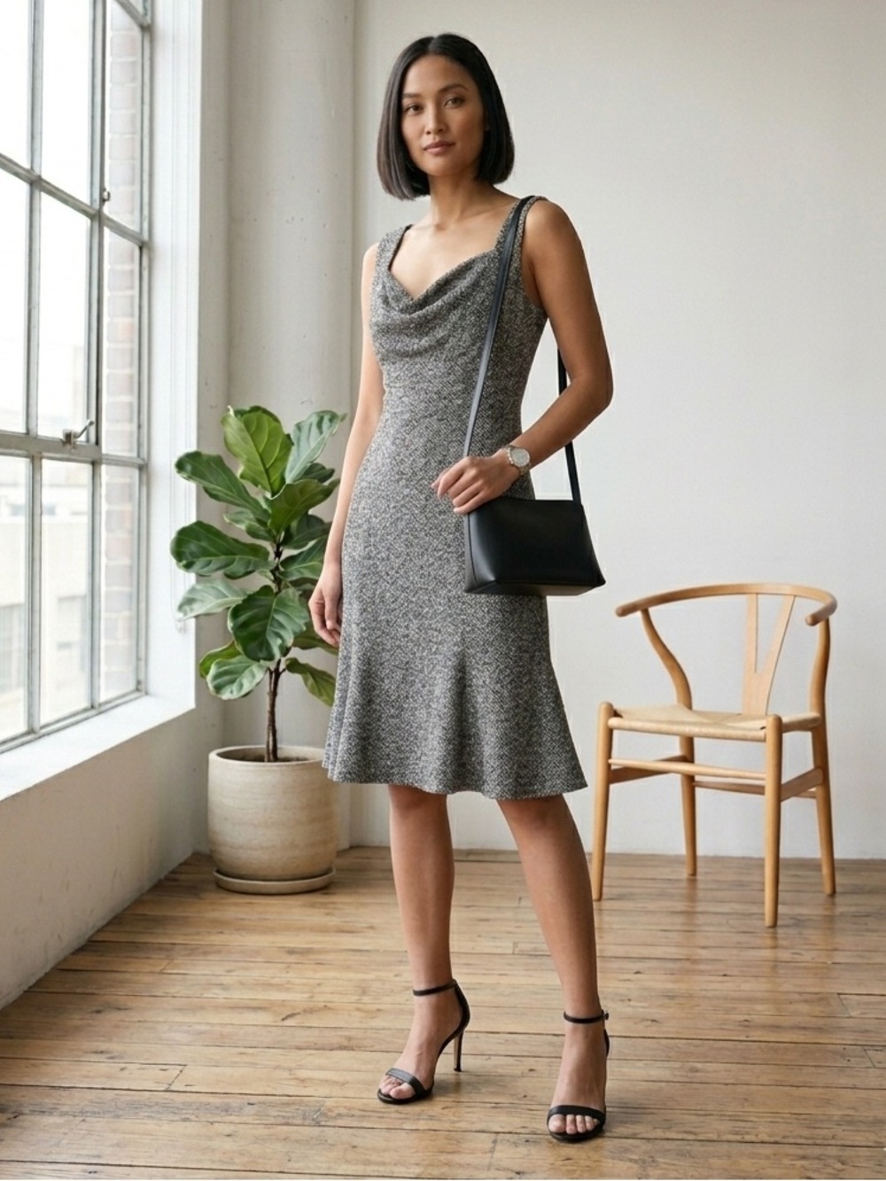 DVF black & white wool tweed midi dress - size 8 (Medium)